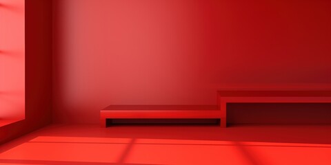 Poster - A Minimalist Interior Design Featuring Vibrant Red Walls and Natural Light Streaming Through a Window in a Contemporary Space