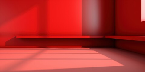 Poster - bright red interior room with soft light and minimal design in corner featuring smooth walls and a s