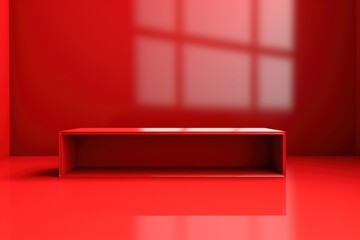Poster - minimalist red room with simple rectangular bench and smooth glossy walls lit by natural light throu
