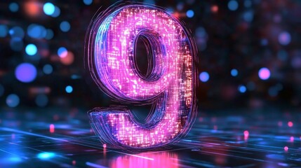 Poster - glowing digital number 9 in futuristic cyber technology style on abstract background.