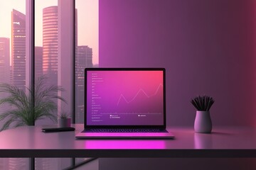 Poster - Modern Workspace with Laptop and Urban View at Sunset