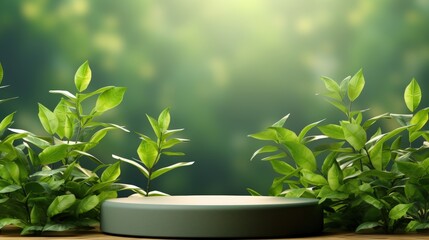 Poster - Minimalist Round Podium Surrounded by Lush Green Plants, Ideal for Displaying Products or Art in Natural Settings