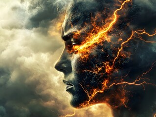 Poster - Fiery Human Face Surrounded by Stormy Clouds and Lightning Effects