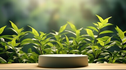 Poster - Minimalist Round Podium Surrounded by Lush Greenery, Ideal for Product Display, Presentation, or Advertising Mock-Up, Soft Natural Lighting