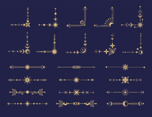 Magic frame corners. Tarot card abstract boho mystic decorative elements for card border, vintage witchcraft framing, astrology celestial constellation borders. Vector set