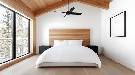 Poster - Modern Minimalist Wooden Bedroom With Mountain View