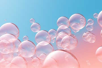 Poster - A Captivating Scene of Colorful Bubbles Floating Gracefully in a Bright Blue and Soft Pink Background for Joyful Imagery