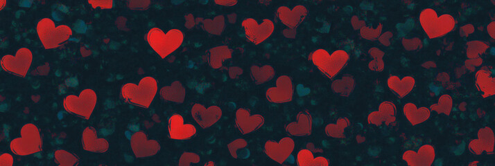 Poster - Pattern of scattered red hearts on a dark background for festive banners and decorations