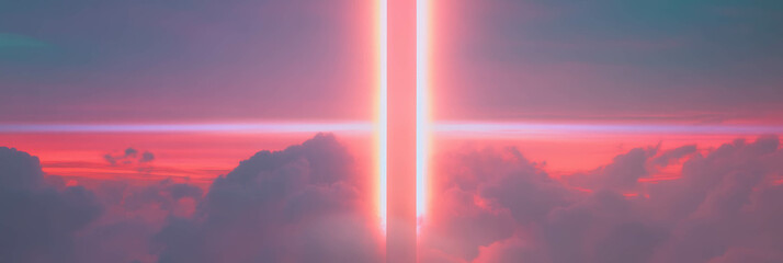Poster - Retro futuristic neon landscape with double sunset and vibrant colors