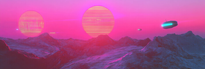 Poster - Retro futuristic landscape features golden sunset with holographic billboards and flying vehicles