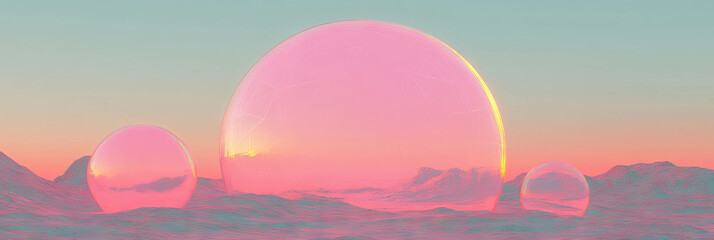 Poster - Golden sunset illuminating geodesic domes in a retro futuristic desert landscape