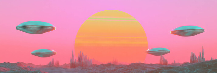 Aufkleber - Futuristic sunset with chrome buildings and flying saucers in a neon landscape