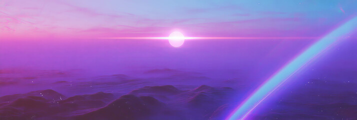 Poster - Retro futuristic neon sunset with geometric shapes and holographic projections over a landscape