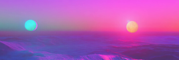 Aufkleber - Retro futuristic sunset with multiple moons over a vibrant landscape