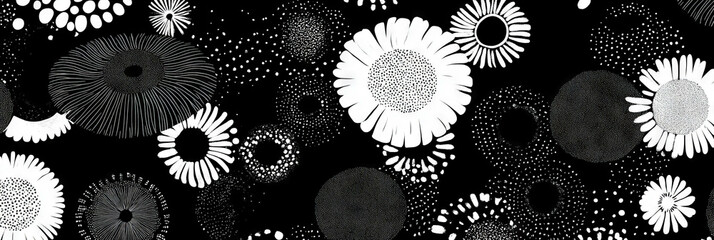 Poster - Seamless pattern of stylized circular flowers with African designs in black and white