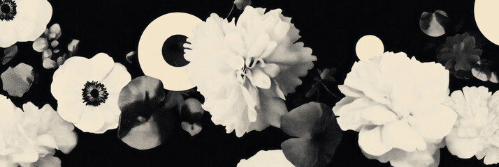 Poster - Seamless abstract flower pattern with African textures and contrasting circles in black and white