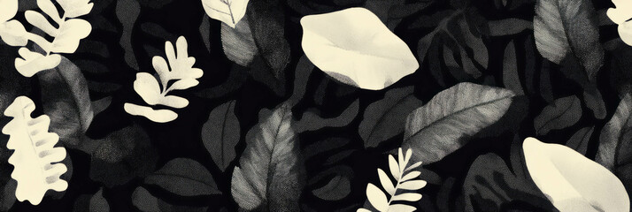 Poster - Floral pattern illustration with stylized leaves and African influences in black and white