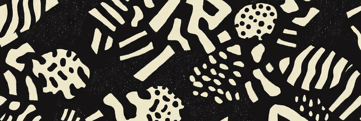 Poster - Intricate black and white seamless pattern of interlocking floral shapes with African textures