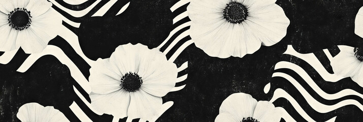 Poster - Seamless black and white floral pattern with textured centers and geometric backgrounds