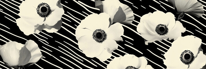 Aufkleber - Seamless black and white flower pattern with textured centers and geometric backgrounds
