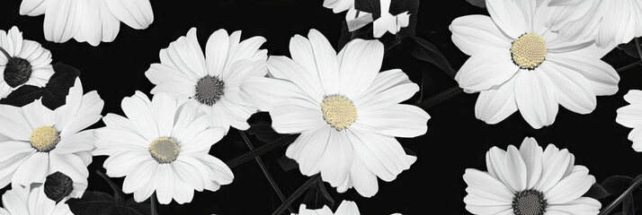 Aufkleber - Seamless black and white pattern of textured daisies with geometric African borders