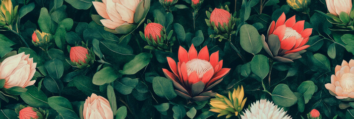 Poster - Circular arrangement of proteas with African motifs for seamless pattern design