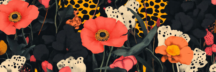 Poster - Seamless pattern of flowers with African geometric shapes and textures in vibrant colors