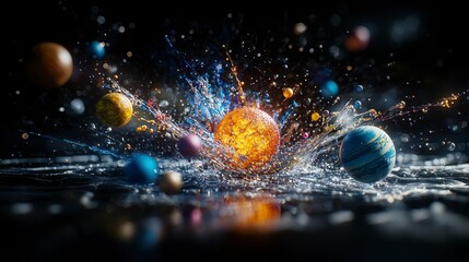 Poster - Dynamic celestial bodies orbiting in water splash cosmic scene 3d animation dark environment high-detail visualization