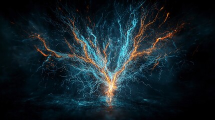 Poster - Dynamic electric bolts twisting skyward abstract art digital artwork dark background close-up energy concept