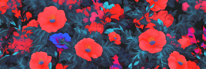 Aufkleber - Vibrant repeating pattern of abstract blossoms with African textures and high contrast elements