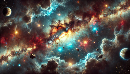 Wall Mural - A deep space scene featuring a luminous nebula with glowing clusters of stars scattered throughout a dark cosmic expanse