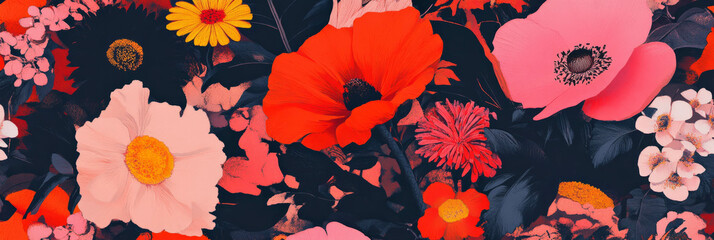 Poster - Vibrant repeating pattern of textured flowers with diverse African designs and striking contrasts
