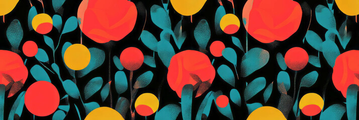 Aufkleber - Seamless pattern showcasing stylized floral designs with bold African-inspired geometric backgrounds