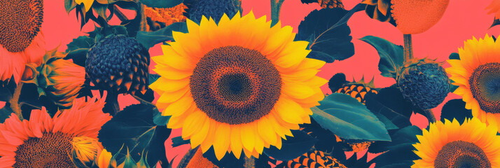 Poster - Seamless pattern of stylized sunflowers with geometric patterns for vibrant banner designs