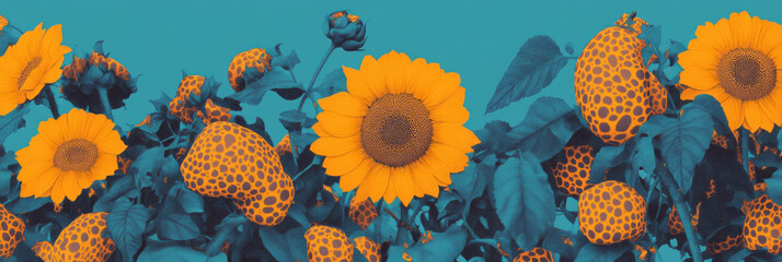 Poster - Seamless floral pattern featuring stylized sunflowers and African geometric designs