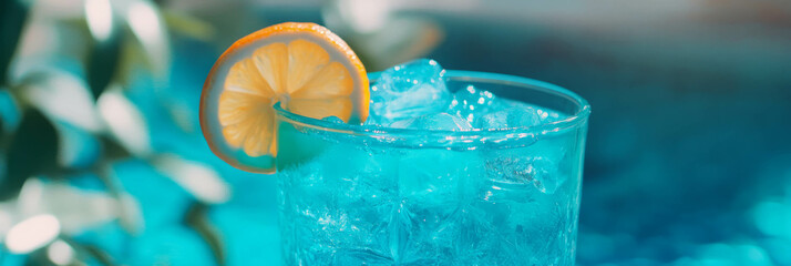 Poster - Refreshing blue lagoon cocktail in highball glass with lemon wedge against bright background