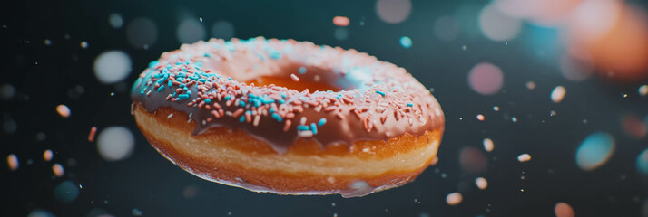 Aufkleber - Delightful chocolate donut with frosting and sprinkles against a bright background