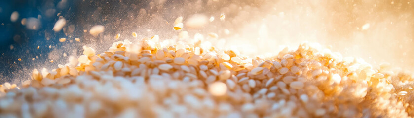Aufkleber - Close-up of rice grains being processed with motion blur and dust particles on bright backdrop