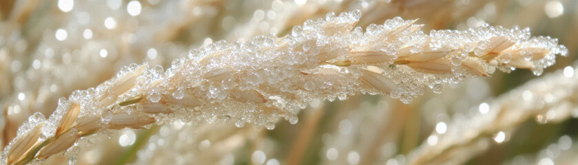 Poster - Close-up view of rice plants adorned with morning dew, bright background ideal for banners
