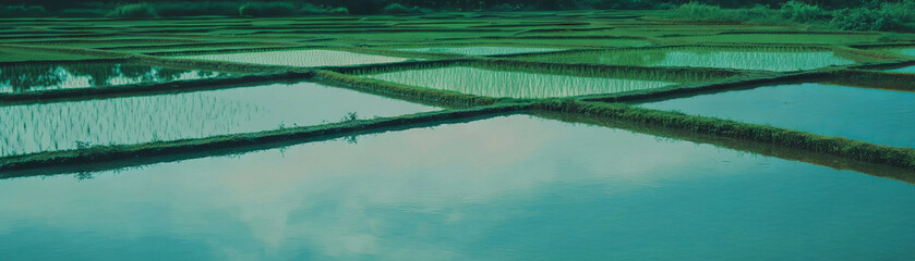 Poster - Close-up view of reflective rice paddies with vibrant green surroundings in serene landscape