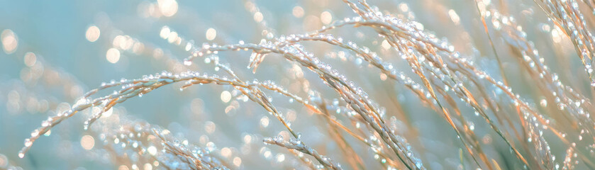 Poster - Close-up view of dew-covered rice plants at dawn enhancing natural beauty