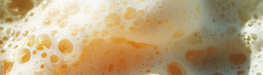 Poster - Close-up view of sea foam resting on wet sand with bright background and textured details