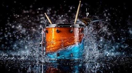 Poster - Dynamic drumbeats creating abstract shockwaves in water studio setting high-speed photography artistic perspective