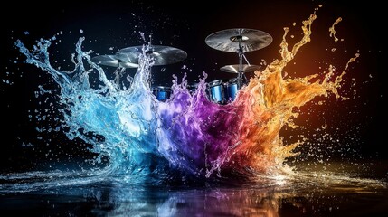 Poster - Drumbeats create vibrant water splashes studio performance abstract art dynamic environment close-up artistic vision