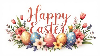 Wall Mural - Happy Easter Greeting Card with Decorated Eggs and Spring Flowers