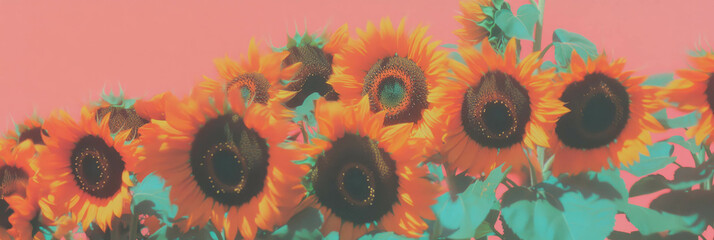 Poster - Cluster of vibrant sunflowers on a coral background creating a cheerful atmosphere