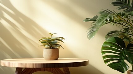 Poster - elegant wooden round side table with potted plant against soft yellow wall and natural light enhanci