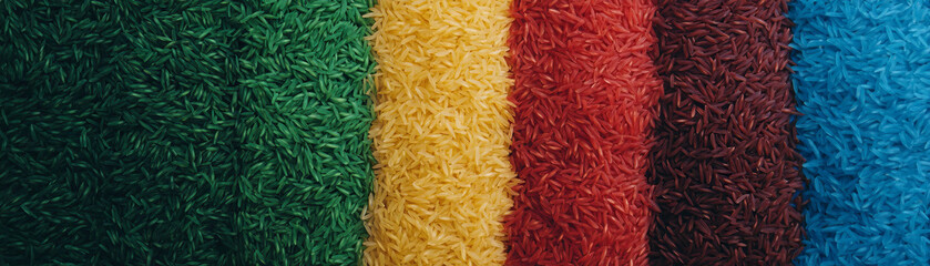Poster - Colorful pattern of diverse rice varieties in terraced fields under bright sky