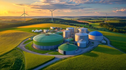 Aufkleber - Aerial view of a biogas production facility nestled in a golden rapeseed field highlighting the of renewable energy and sustainable agricultural practices  The facility features fermentation tanks