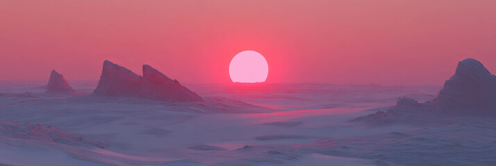 Poster - Red sunset illuminates a Martian landscape with striking rock formations and red sand